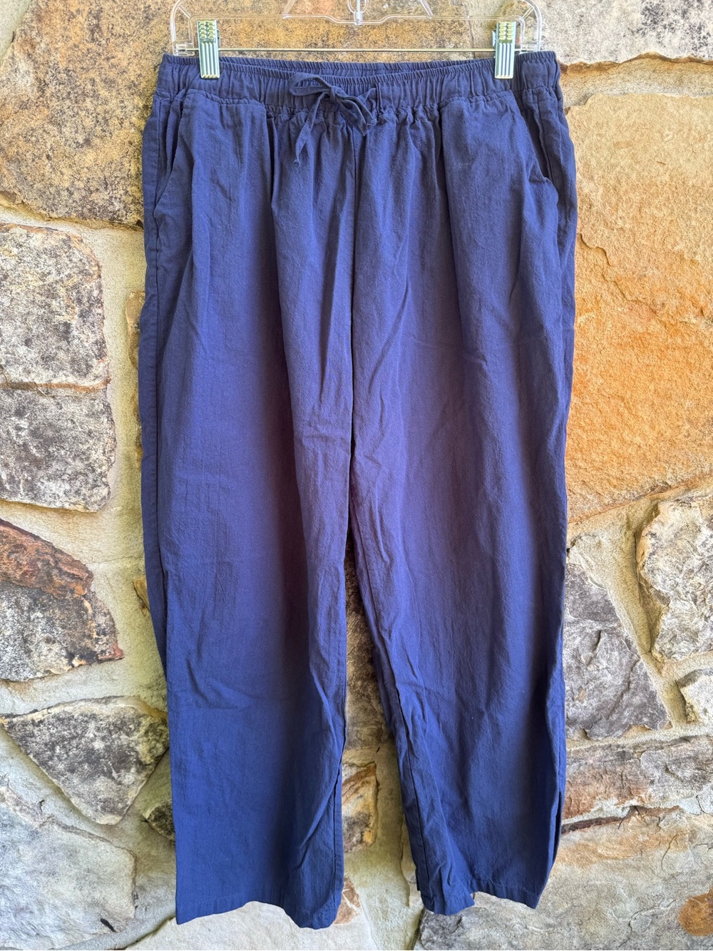 Women's Straight-Leg Cotton-Linen Blend Drawstring Pants in Navy Large Coastal